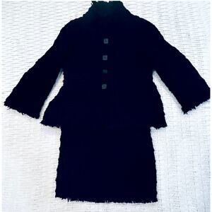 Chanel Square Button Black Tweed Jacket Blazer Skirt Suit FR 44 46 US 8 10 12 14